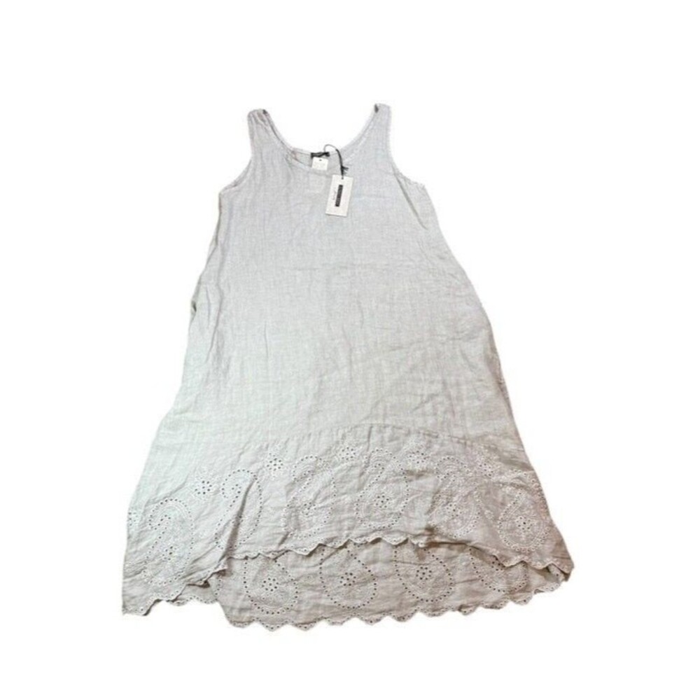 Lungo L'Arno Dress Womens Large 100% Linen Eyelet Hem Sleeveless Pockets Coastal